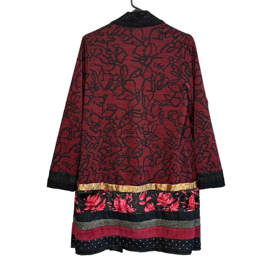 Chicos Sz 0 Patchwork Duster Jacquard Open Front Cardigan Red Black Romantic - Picture 2 of 7